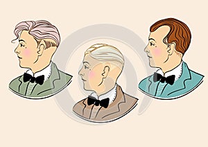 Retro men: Typical retro hairstyle set of twenties. Vintage style vector illustration