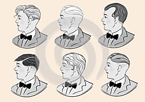 Retro men: Typical retro hairstyle set of twenties. Vintage style vector illustration