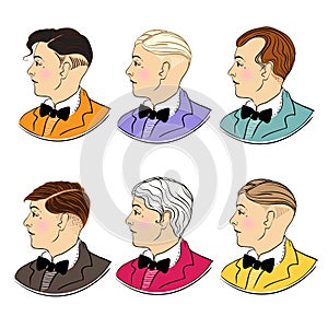 Retro men: Typical retro hairstyle set of twenties. Vintage style vector illustration