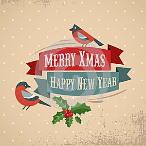 Retro Merry Christmas and Happy New Year greeting card template with robin and mistletoe