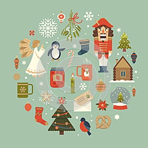 Retro Merry Christmas icons, elements and illustrations. Greeting Card Seasons Greetings. Set of Christmas elements. Snowflakes,