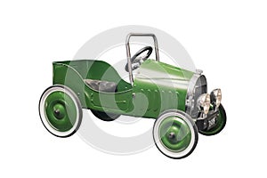 Retro metal green car toy isolated on white background. Green retro vintage toy car