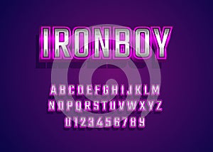 Retro metallic 80s font style. Vector alphabet with silver purple chrome effect template for game title, poster headline, old