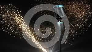 Retro metallic microphone against golden shooting star against black background