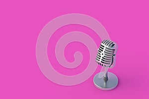 Retro metallic microphone on pink background. Radio broadcast. Online streaming. Declaration of information