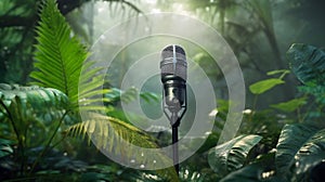 Retro microphone on the background of tropical plants. selective focus. Generative ai