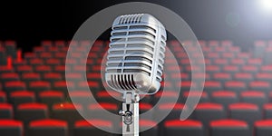 Retro microphone on blur theater seats background. 3d illustration