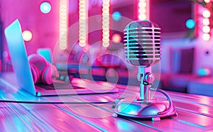 Retro microphone on a desk, concept of podcasting
