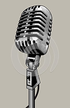 Retro microphone drawing. Vintage engraving stylized drawing.