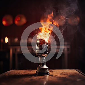 Retro microphone on fire on top of a table. Professional microphone.