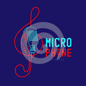 Retro Microphone logo icon outline stroke with Treble Clef shape from cable dash line design illustration