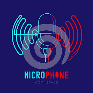 Retro Microphone logo icon outline stroke with wave frame from cable dash line design illustration isolated on dark blue