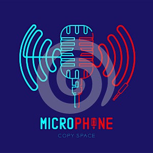 Retro Microphone logo icon outline stroke with wave frame from cable dash line design illustration