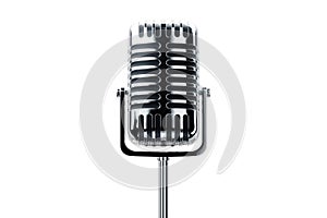Retro microphone in metallic color isolated on white background. Concept for podcast, interview, radio, vocals, show. 3D rendering