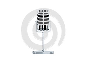 Retro microphone in metallic color isolated on white background. Concept for podcast, interview, radio, vocals, show. 3D rendering