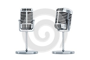 Retro microphone in metallic color isolated on white background. Concept for podcast, interview, radio, vocals, show. 3D rendering