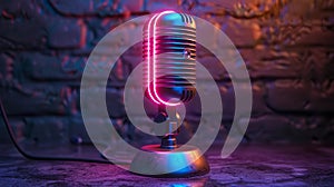 A retro microphone with neon lights on it