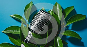Retro Microphone Nestled Amongst Lush Green Leaves