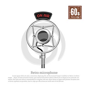 Retro microphone in realistic style on white background. Musical studio equipment. Technologies of 60s. Vintage object