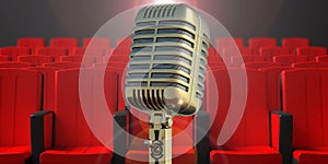 Retro microphone on red theater seats background. 3d illustration