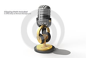 Retro microphone on short leg and stand with Headphone Pen Tool Created Clipping Path Included in JPEG Easy to Composite