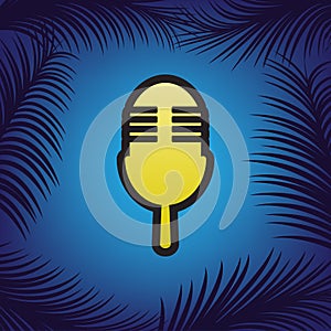 Retro microphone sign. Vector. Golden icon with black contour at