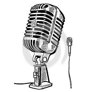 Retro microphone sketch hand drawn in doodle style Vector illustration