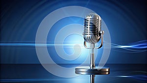 Retro microphone on a stage with abstract blue background ready for a performance. Generative AI