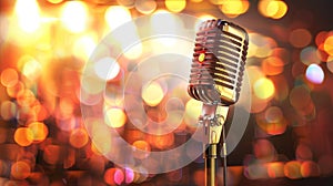 A retro microphone on stage against a blurred background with bokeh lights suggests, Ai Generated