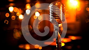 A retro microphone on stage against a blurred background with bokeh lights suggests, Ai Generated