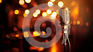 A retro microphone on stage against a blurred background with bokeh lights suggests, Ai Generated