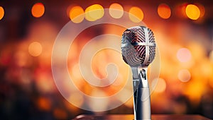 Retro microphone on stage with bokeh background, closeup