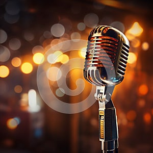 Retro microphone on stage with bokeh background, music concept