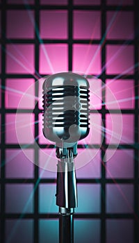 Retro microphone on stage with disco light grid