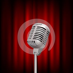 Retro microphone on stage. Professional stand up theatre red curtain broadcast mic vector vintage concept