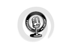 Retro microphone vector illustration. Design element for podcast or karaoke logo, label, emblem, sign
