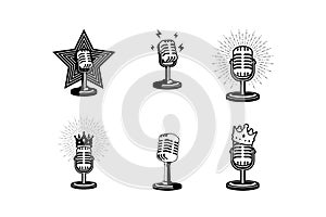 Retro microphone vector illustration. Design element for podcast or karaoke logo, label, emblem, sign