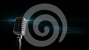 Retro microphone Vintage silver microphone slowly rotating on blue shiny flickering black background