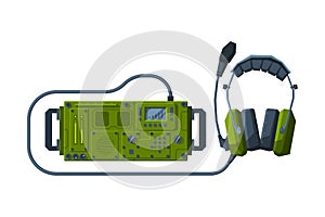 Retro Military Radio Transmitter Device with Headphones, Walkie Talkie Flat Vector Illustration