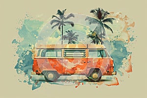 Retro mini van and palm trees in watercolor style Ai illustration
