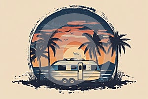 Retro mini van and palm trees in watercolor style Ai illustration