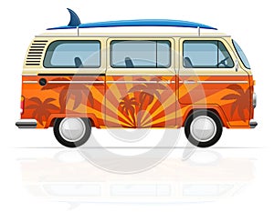 Retro minivan with a surfboard vector illustration