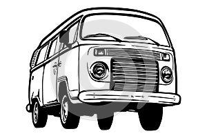 Retro minivan vector illustration - hand drawn - Out line