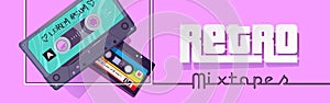 Retro mixtapes cartoon banner, audio player