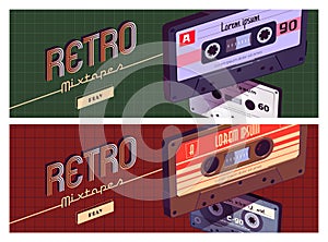 Retro mixtapes cartoon banner, audio player