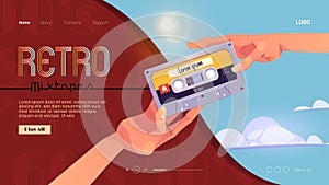 Retro mixtapes cartoon banner with human hands