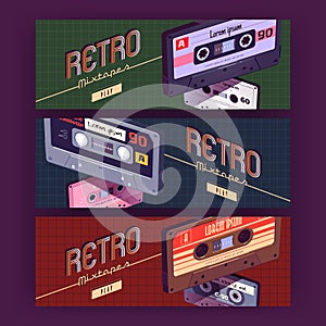 Retro mixtapes cartoon banners with audio cassette