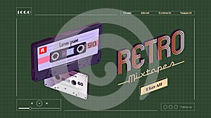 Retro mixtapes cartoon landing page, audio player