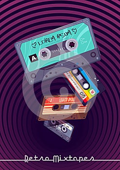 Retro mixtapes cartoon poster with audio mix tapes