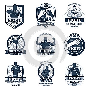 Retro mma vector emblems and labels. Fight club vintage logos